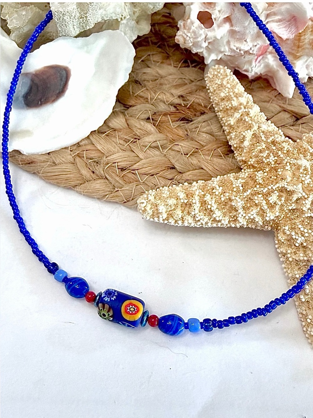 Colorful Designed Blue Millefiori Glass Beaded Necklace